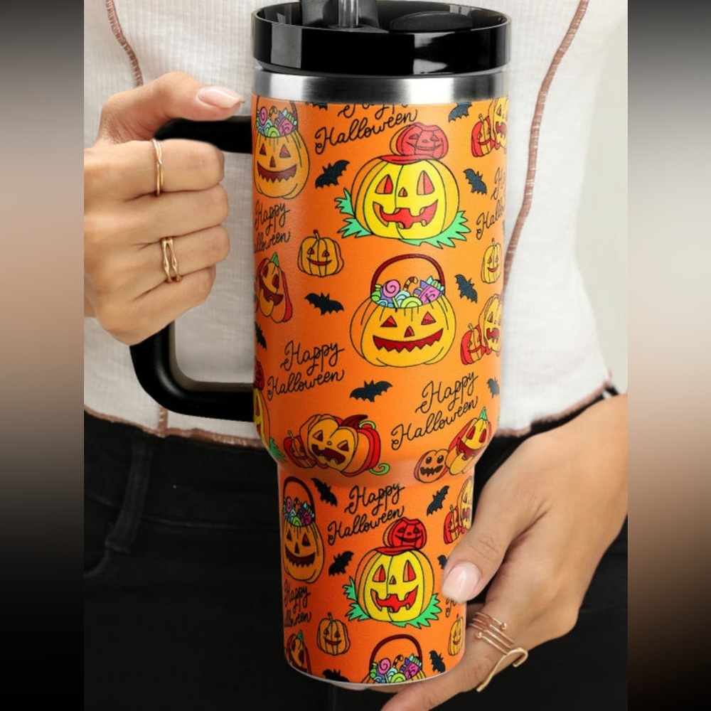 Orange Halloween pumpkin print handle large tumbler 40oz new in box